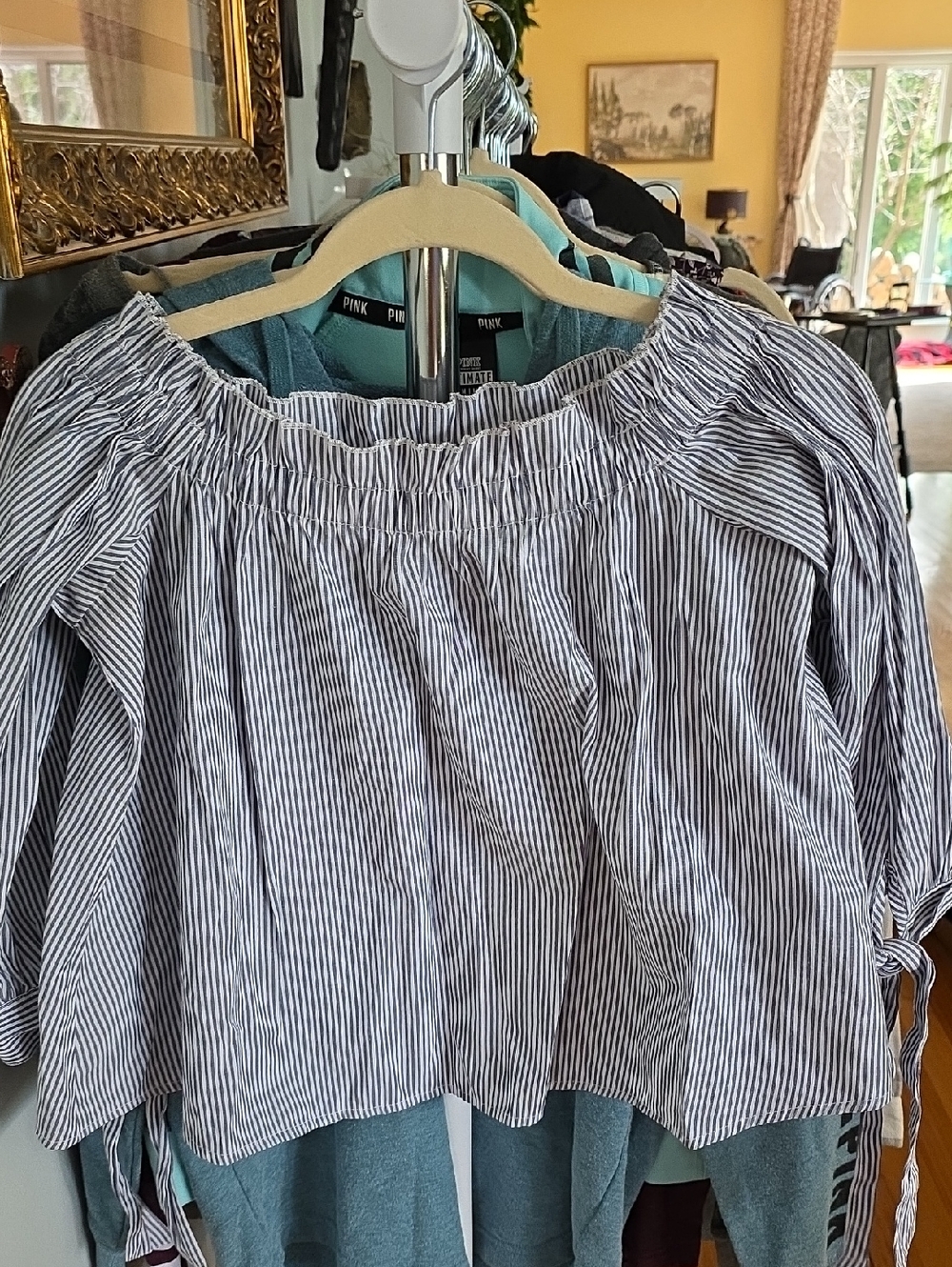 American Eagle Outfitters Blue & White Striped Off-Shoulder Top